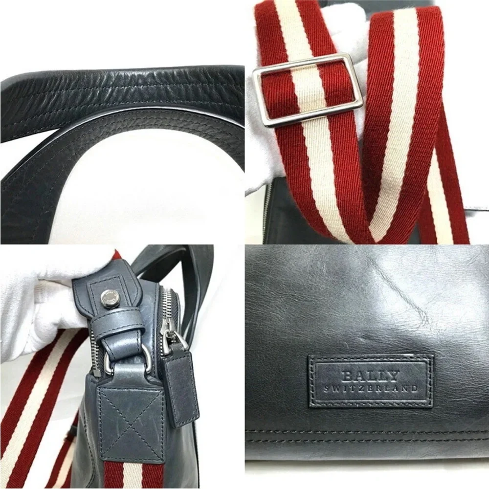 BALLY 2Way Business Bag Striped Gray Leather Silver Hardware